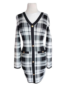 Love Always by FCT Black White Plaid Knit Sweater Dress Size L Long Sleeve NWOT